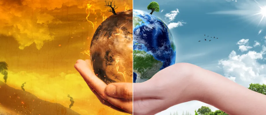 A hand holding the earth. Half of the image shows a drought covered land, while the other half shows a healthy and green land.