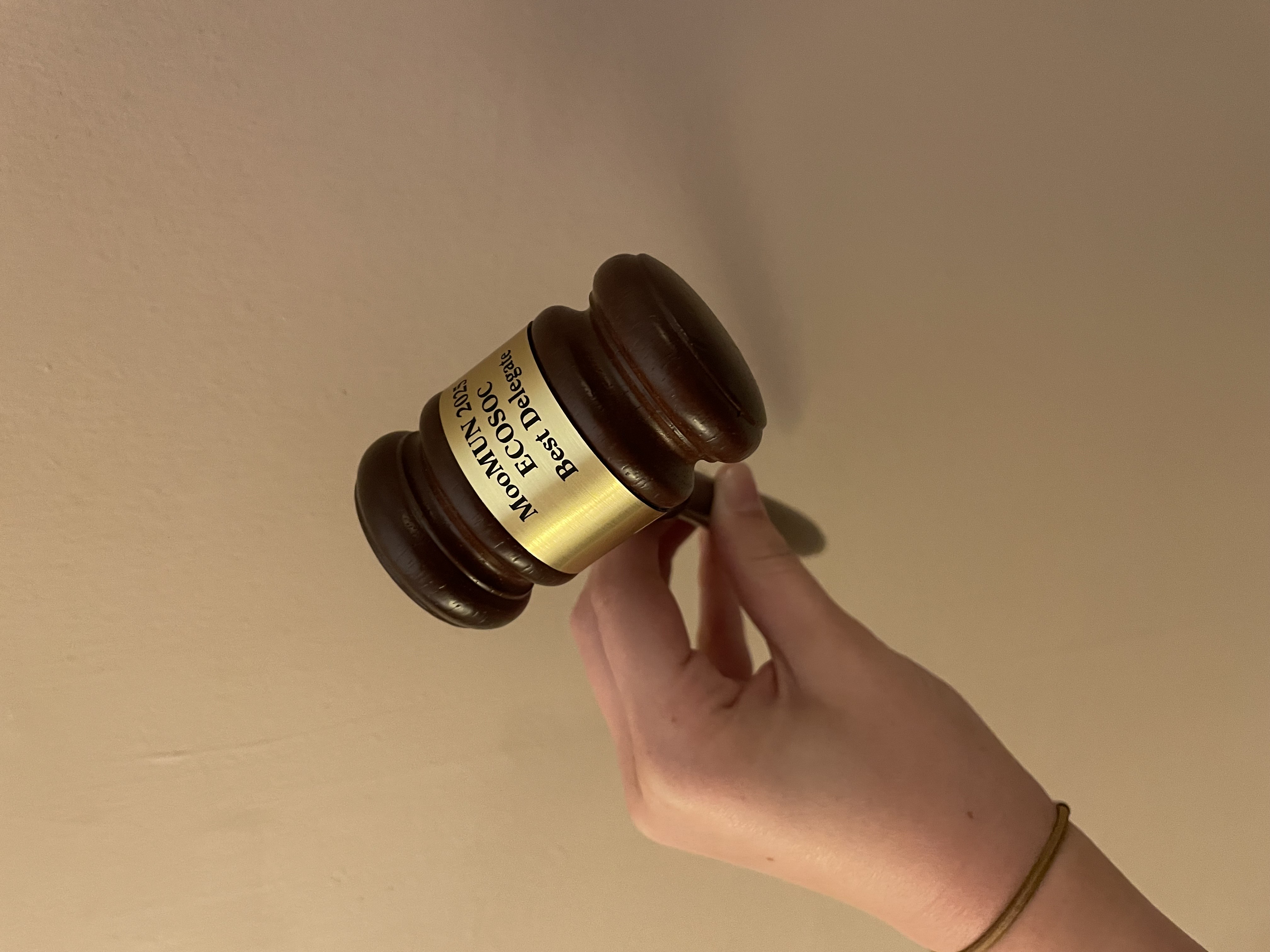 Picture of a gavel that says: 'MooMUN 2025 - ECOSOC - Best Delegate'